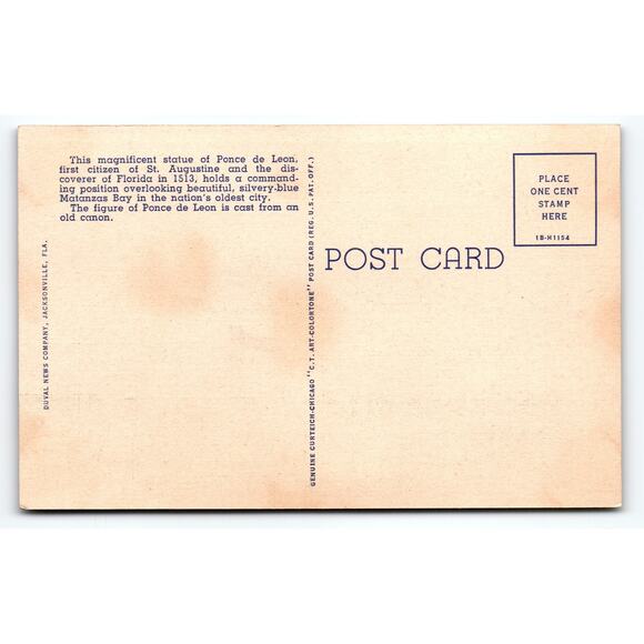 Vintage Linen Postcard Ponce de Leon Monument St. Augustine FL 1940s Old Cars - Picture 2 of 2
